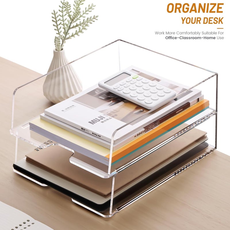 HeZone Enlarged Letter Paper Tray - Clear Acrylic Desk Organizers for Document Organization and File Storage - Stackable Office Accessories - 2 Pack (Large Tray V) - Image 2